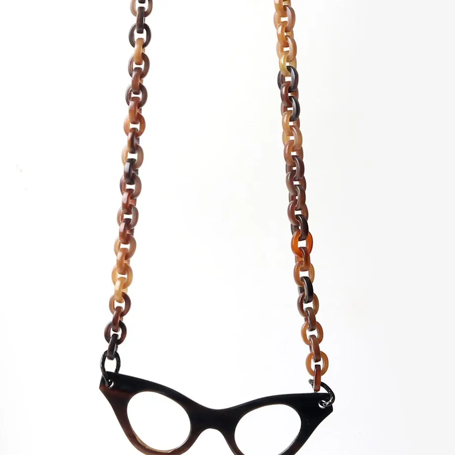 Necklace w/ Chain in Horn Strap w/ Cat Eye-shaped Frame Pendant, image 2