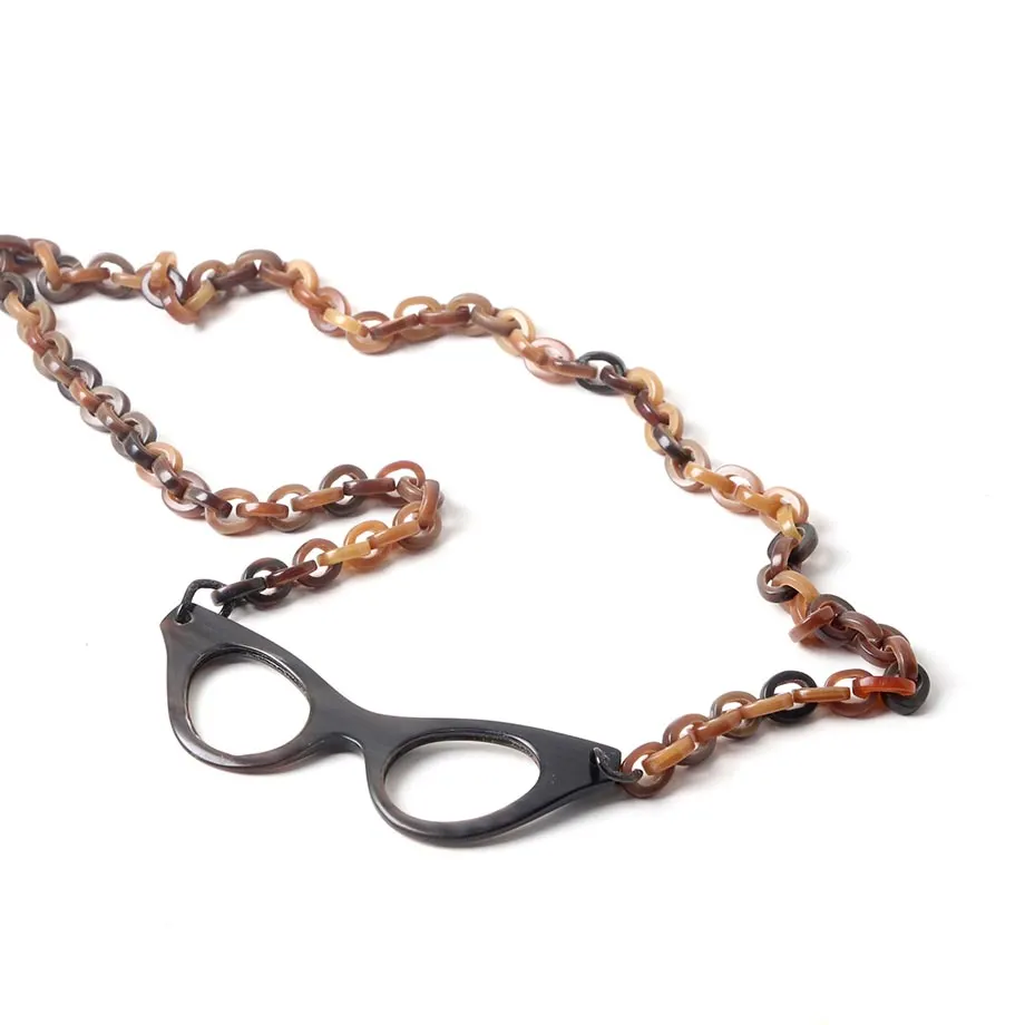 Necklace w/ Chain in Horn Strap w/ Cat Eye-shaped Frame Pendant, image 1