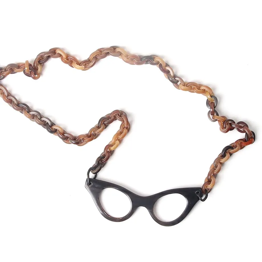 Necklace w/ Chain in Horn Strap w/ Cat Eye-shaped Frame Pendant, image 5