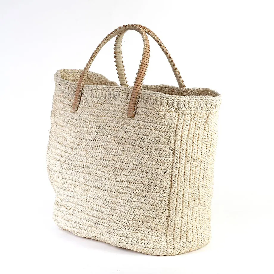 Crochet Raffia Bag with Leather Handle, image 1