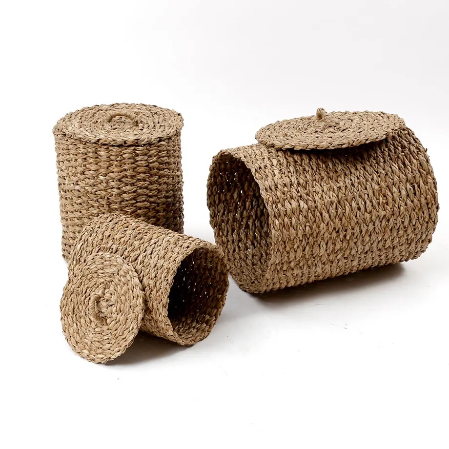 Round Barrel Braided Browngrass Hamper with Flat Lid, image 2