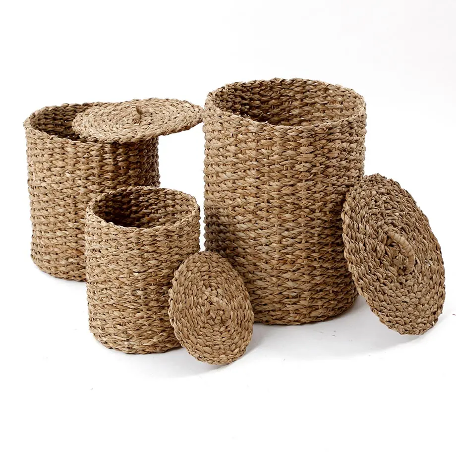 Round Barrel Braided Browngrass Hamper with Flat Lid, image 5