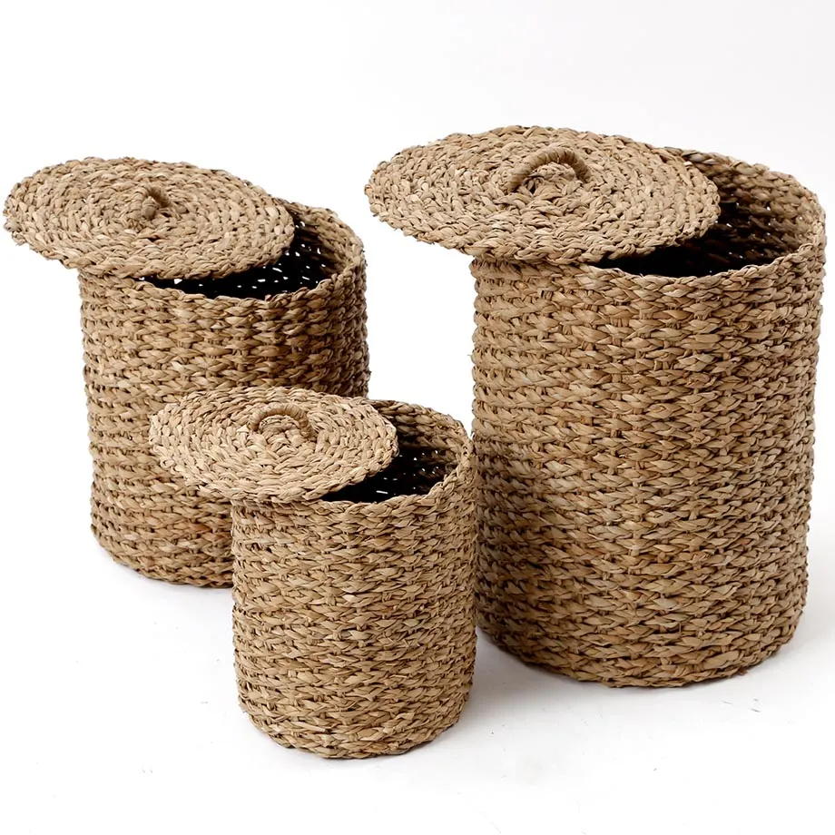 Round Barrel Braided Browngrass Hamper with Flat Lid, image 1