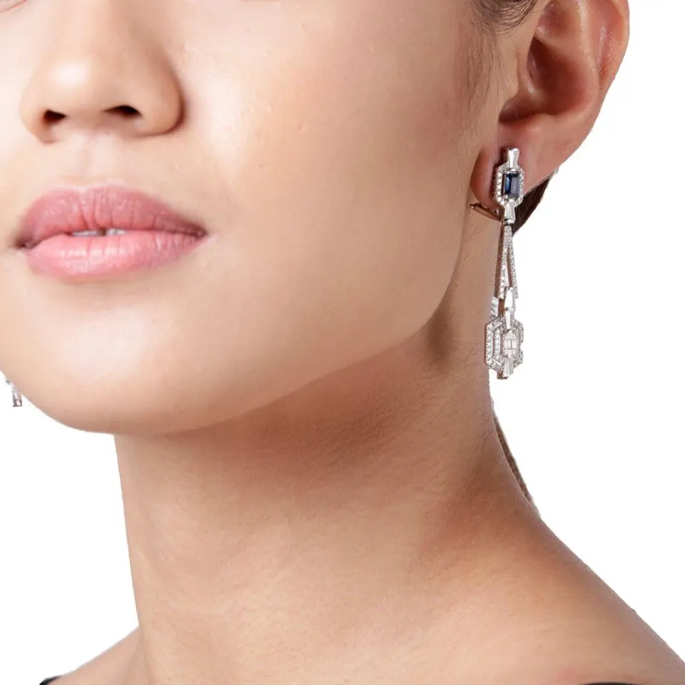 Art Deco Diamond & Blue Sapphire Earrings , image 4