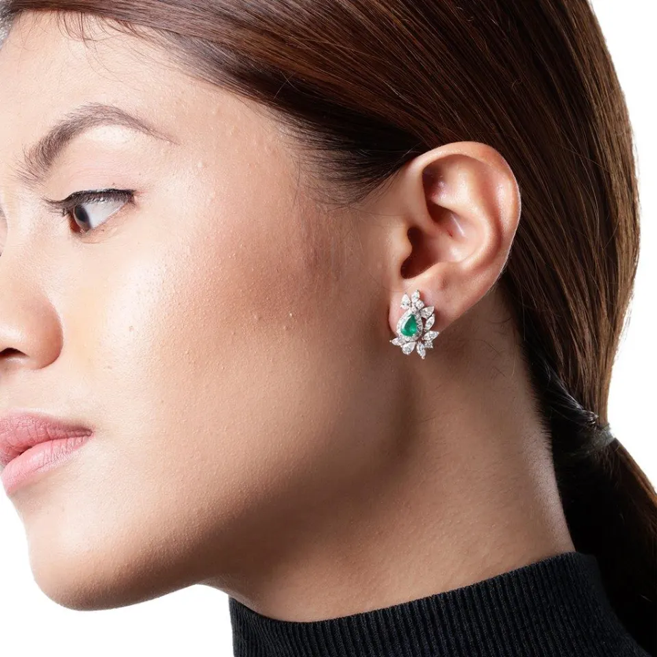 Zambian Pear Emerald and Diamond Clip Studs, image 4