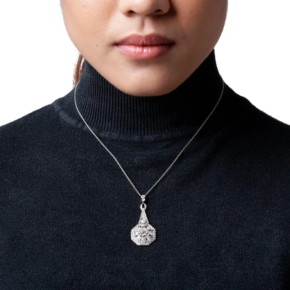 Vintage Platinum Art Deco Diamond and Blue Sapphire Pendant Necklace , image 2