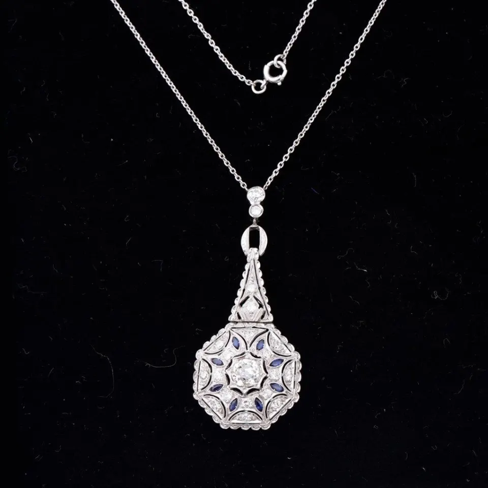 Vintage Platinum Art Deco Diamond and Blue Sapphire Pendant Necklace , image 3