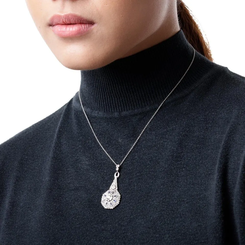 Vintage Platinum Art Deco Diamond and Blue Sapphire Pendant Necklace , image 5