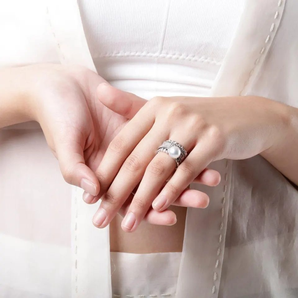 Thick Band Diamond Ring w/ South Sea Pearl Hanging Detail , image 5