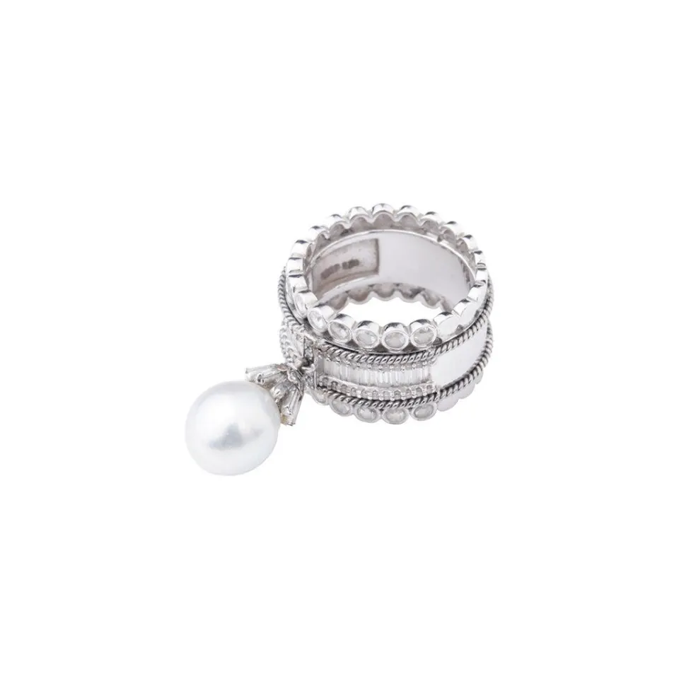 Thick Band Diamond Ring w/ South Sea Pearl Hanging Detail , image 3