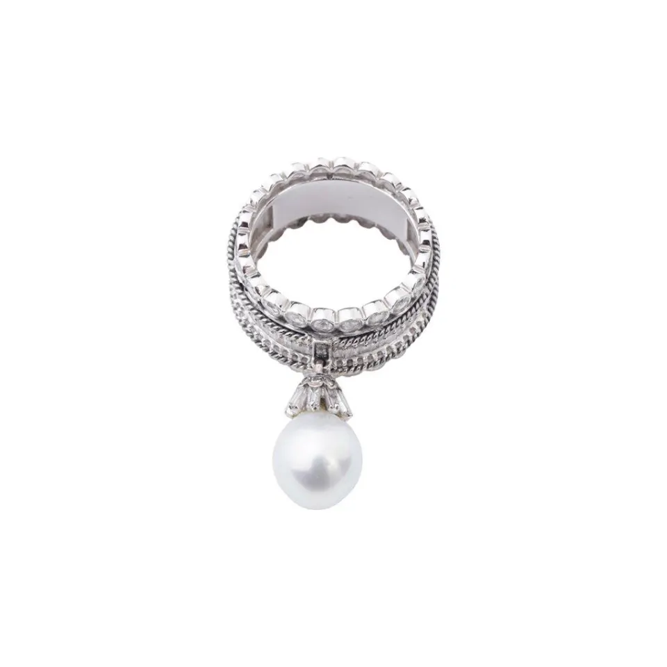 Thick Band Diamond Ring w/ South Sea Pearl Hanging Detail , image 2