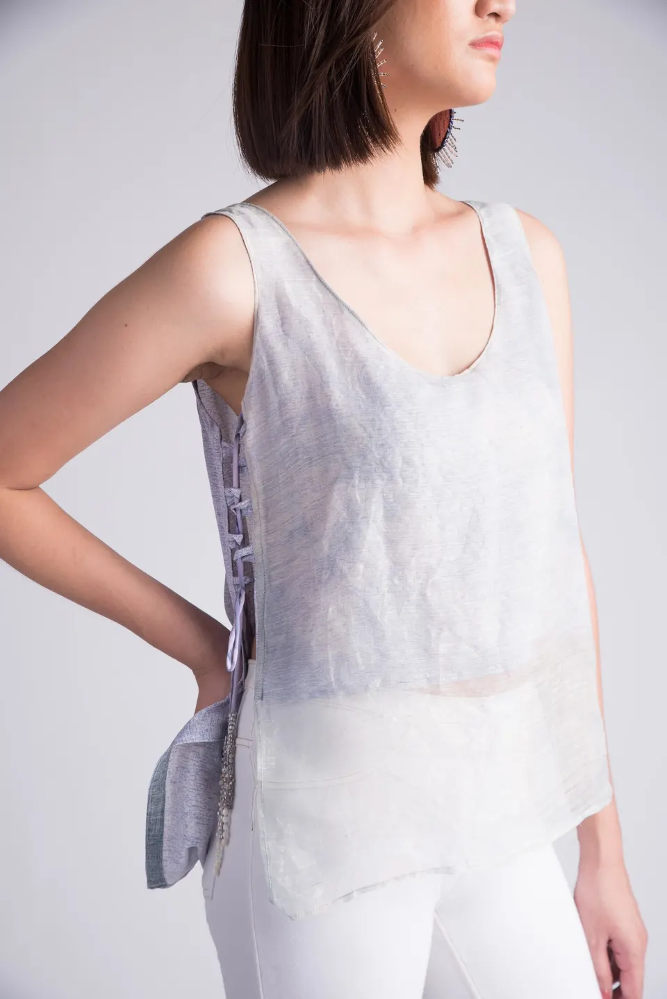 Painting Clouds Pineapple-Silk Apron Top / Indigo-light, image 1