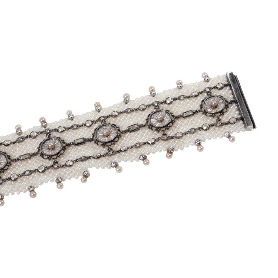 Thick Keshi Pearl Bracelet with Full Cut Diamonds and Rose Cut Diamonds in 18k WG, image 3