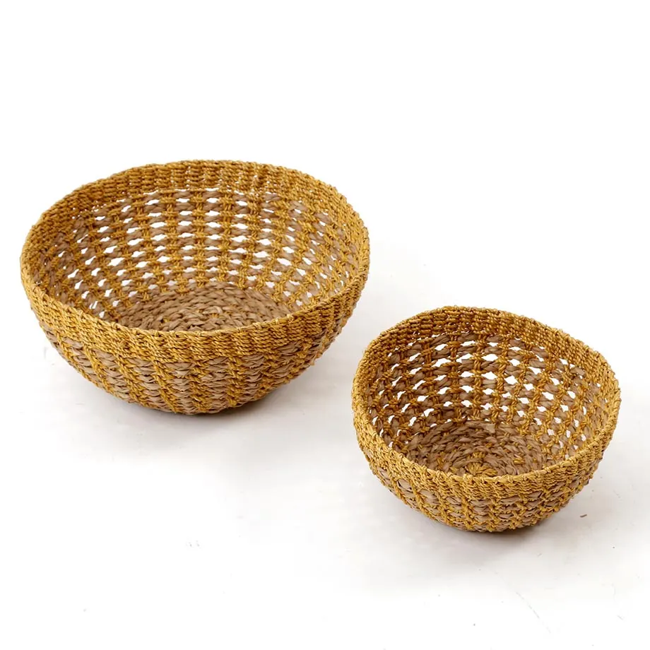 Round Browngrass/Abaca twine bowl, crisscross design, image 1