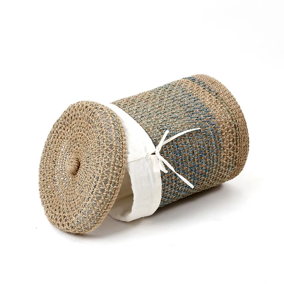Round Barrel Tahiti Laundry Basket Diamond Design with Liner and Button on Lid Center, image 2