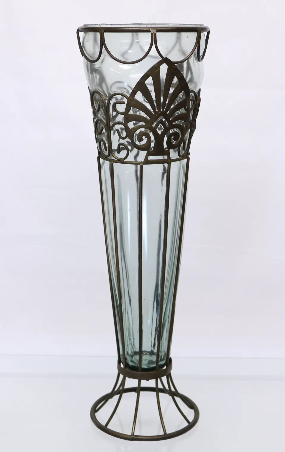 Round Tall Cone shaped, Spade Leaf Design, Recycled Blown Glass Vase