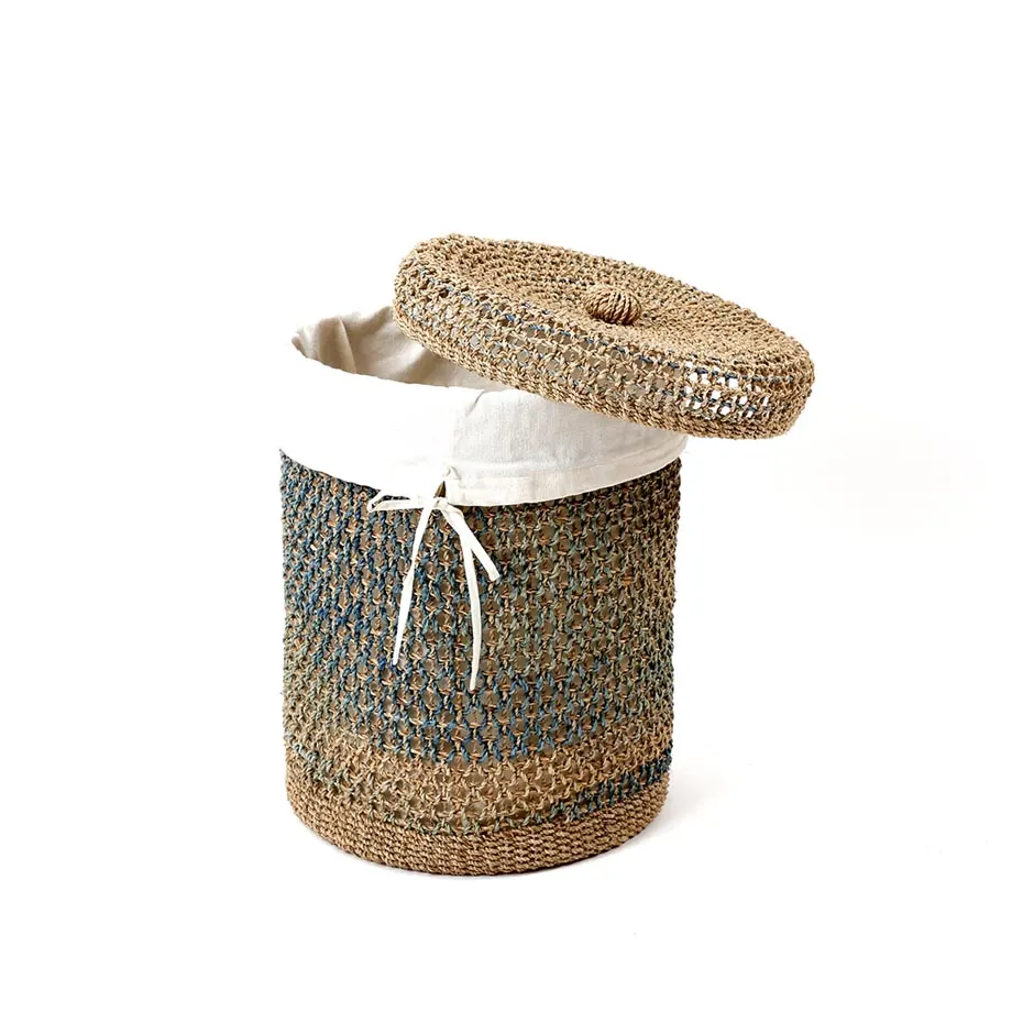 Round Barrel Tahiti Laundry Basket Diamond Design with Liner and Button on Lid Center, image 3