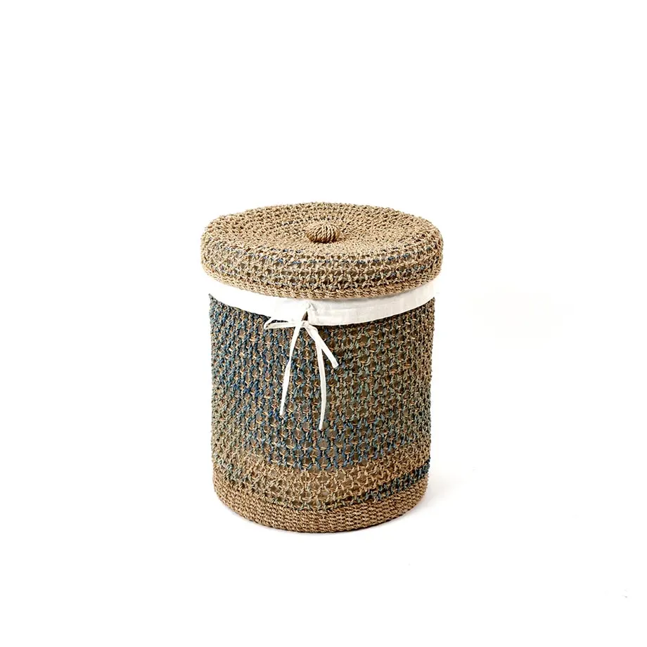 Round Barrel Tahiti Laundry Basket Diamond Design with Liner and Button on Lid Center, image 1