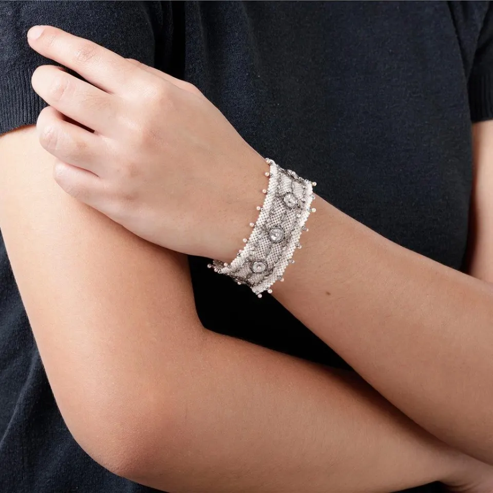 Thick Keshi Pearl Bracelet with Full Cut Diamonds and Rose Cut Diamonds in 18k WG, image 4