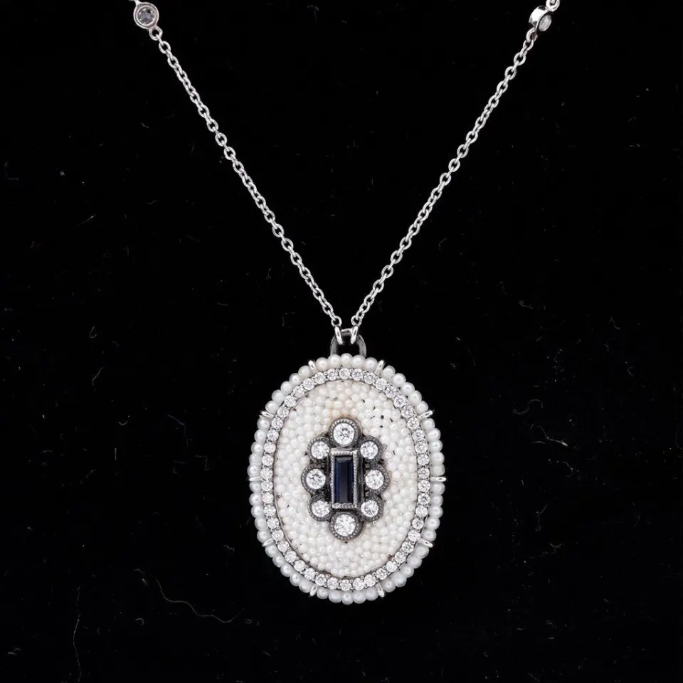 Oval art deco style pendant with brilliant cut diamonds, rose cut diamonds, blue sapphires and pearl, image 3