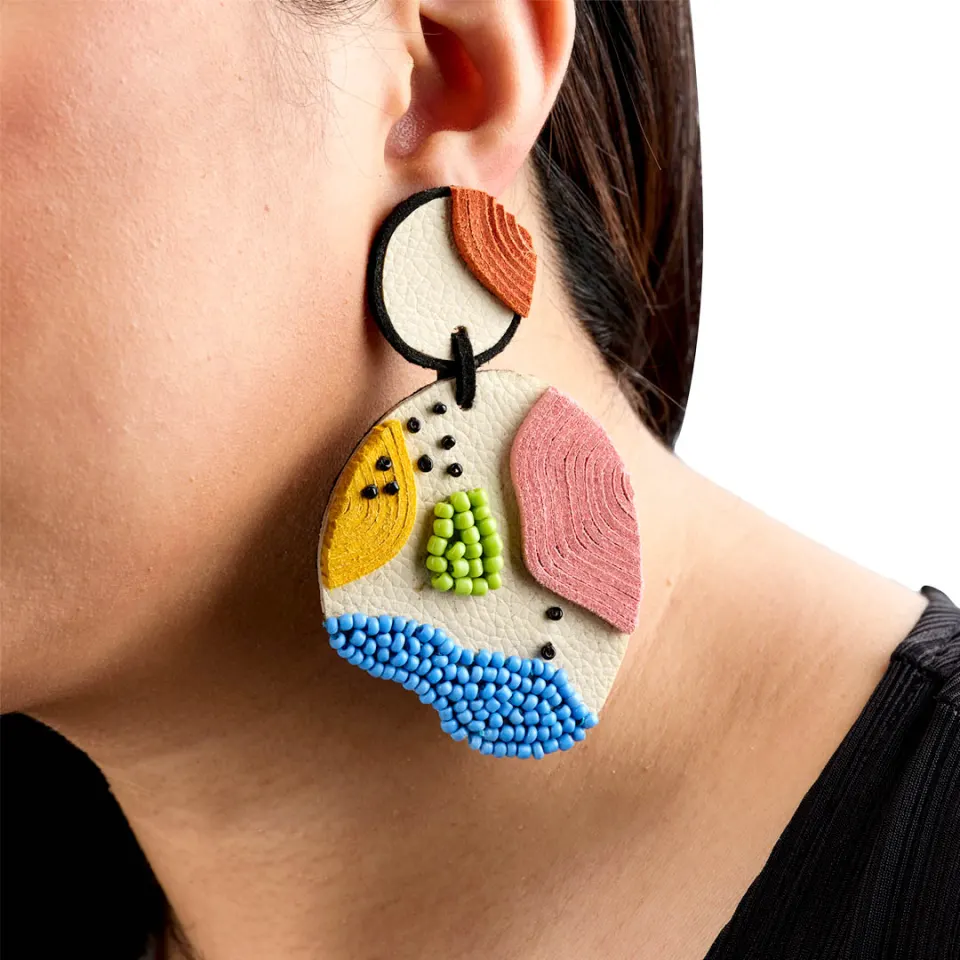 "Aviv" Hand beaded Leather Clip On Earrings, image 1