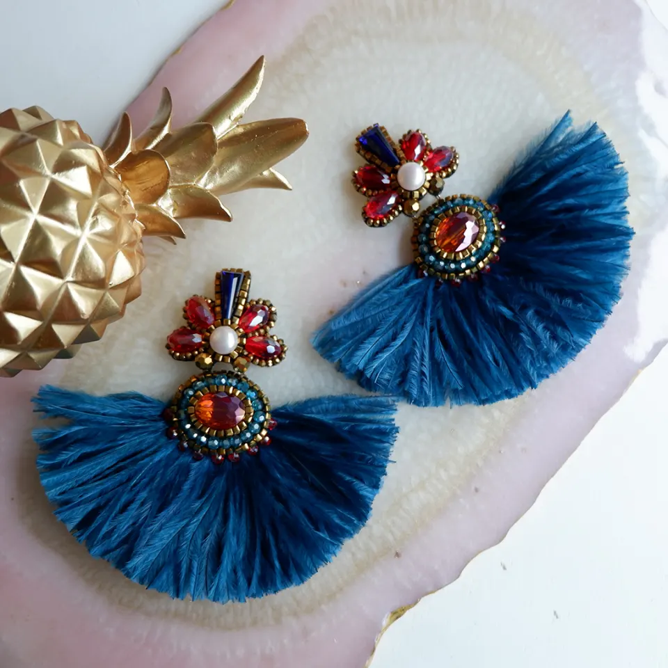 Jagrani Earrings Ostrich in Teal, image 1