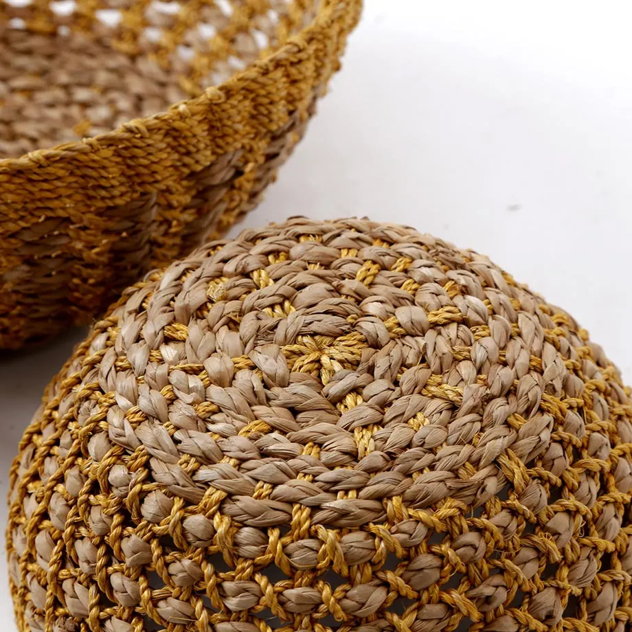 Round Browngrass/Abaca twine bowl, crisscross design, image 5
