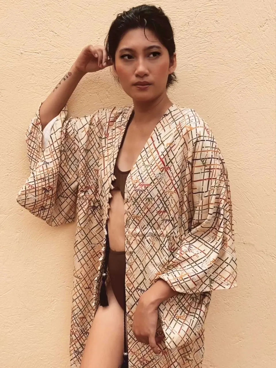 Classic Beige Kimono Cover up Dress, image 1