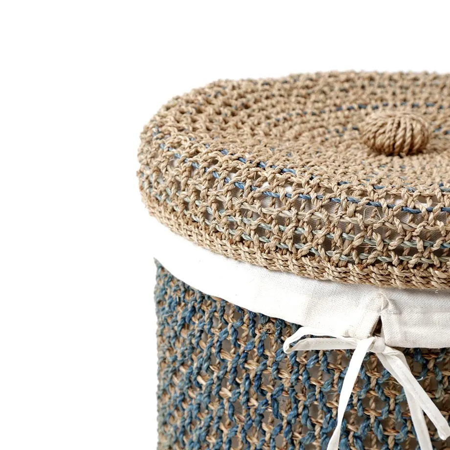 Round Barrel Tahiti Laundry Basket Diamond Design with Liner and Button on Lid Center, image 4