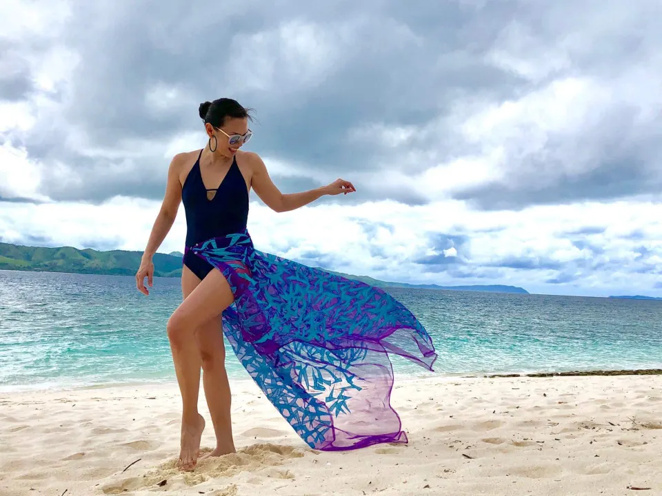 Navigating the Dreamscape / Petal Shadows Malong / Kaftan Textile / aqua + purple, image 2