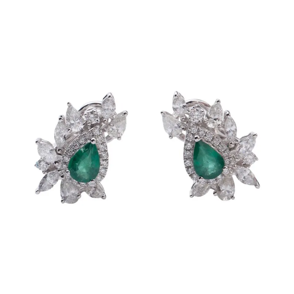 Zambian Pear Emerald and Diamond Clip Studs, image 1