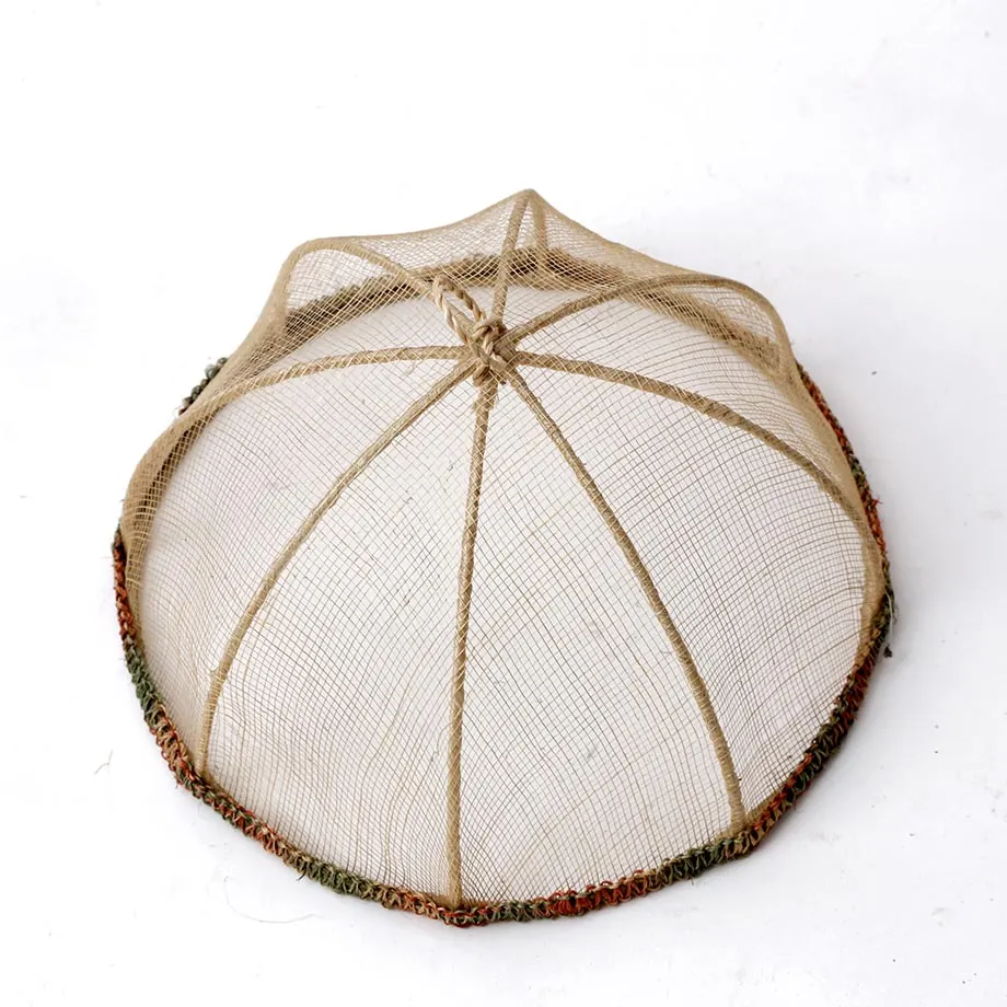 Round Sinamay Wired Food Cover with Centipede Trim on Base, image 1