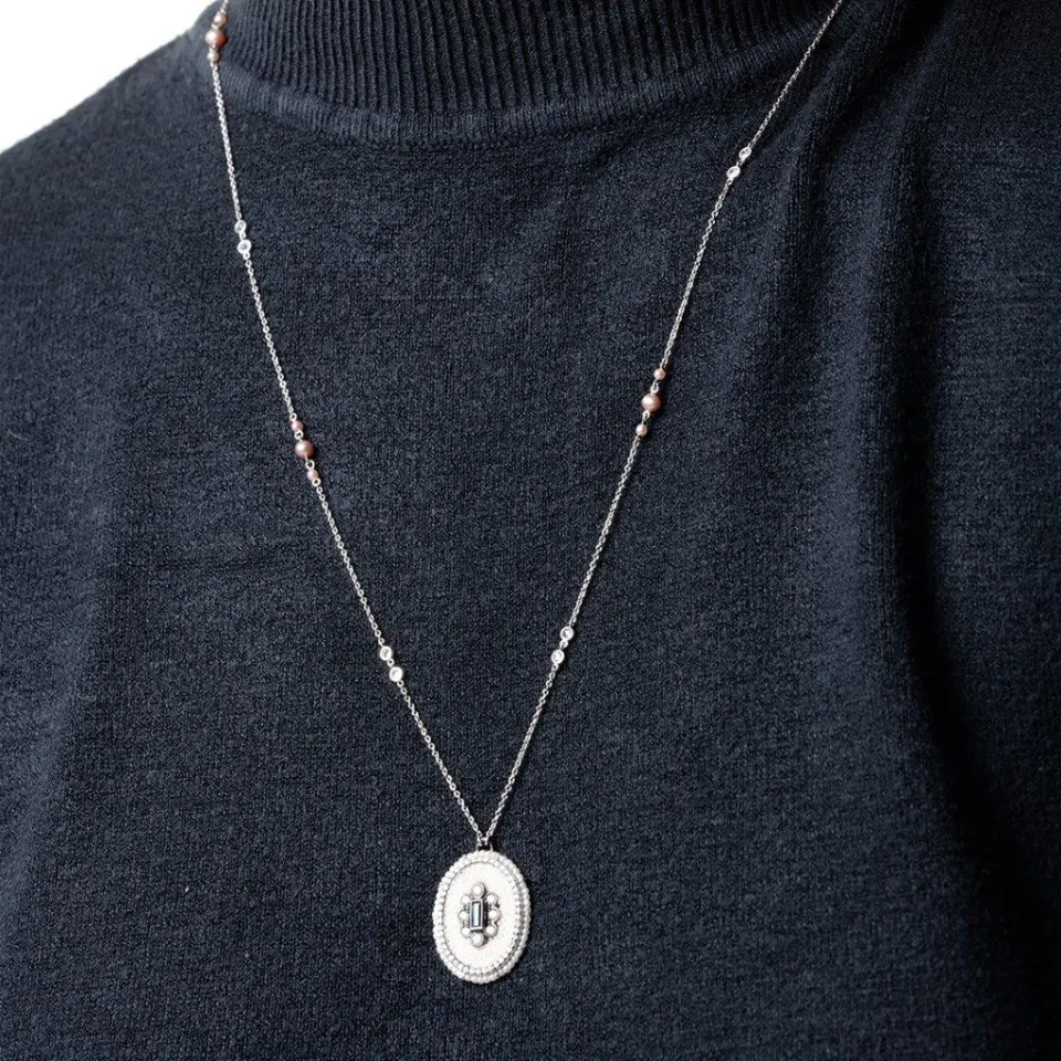Oval art deco style pendant with brilliant cut diamonds, rose cut diamonds, blue sapphires and pearl, image 2