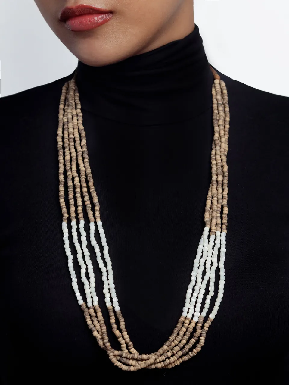 WHITE MOTHER OF PEARL AND COCO BEADS MULTIPLE STRAND, image 1