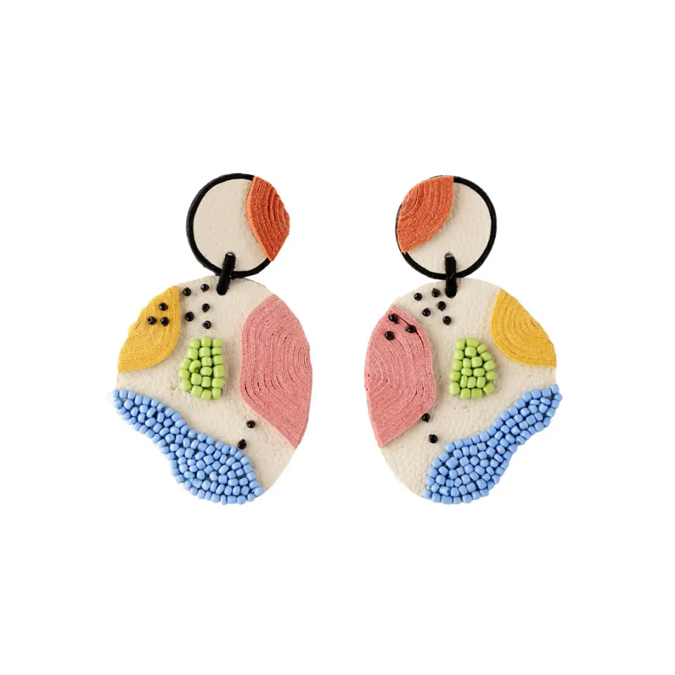 "Aviv" Hand beaded Leather Clip On Earrings, image 2