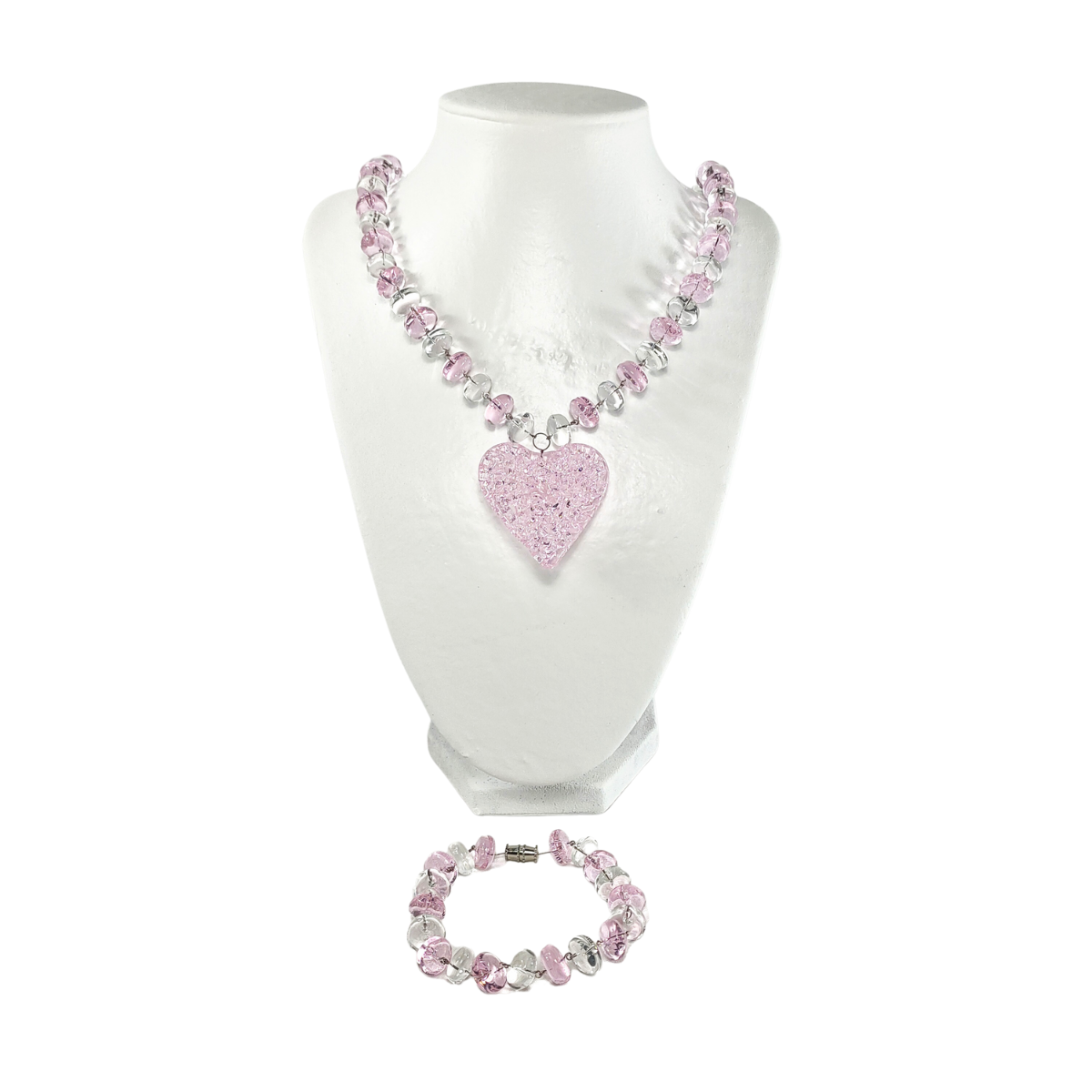 LIMAN GLASS CROCHET HEART PENDANT, OBLONG NECKLACE BRACELET SET (PINK