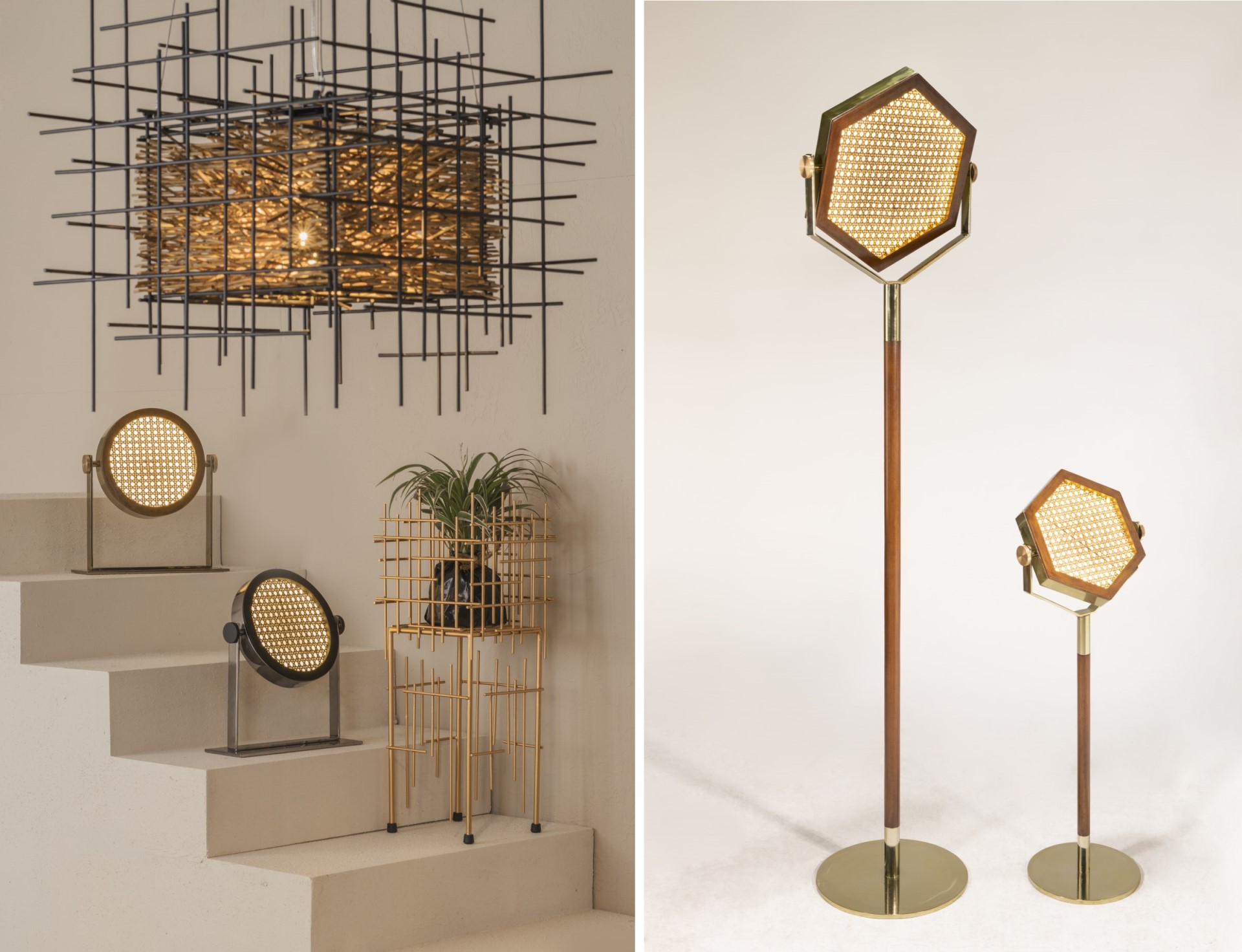 Benjamin Hexa Lamps in tobacco wood finish, stainless steel, and solihiya detail